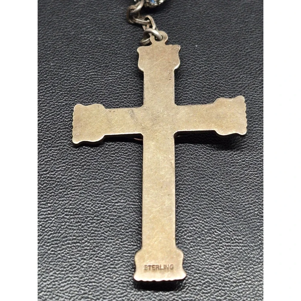 Vintage Rosary Blue Crystal Beads Sterling Silver Crucifix Centerpiece